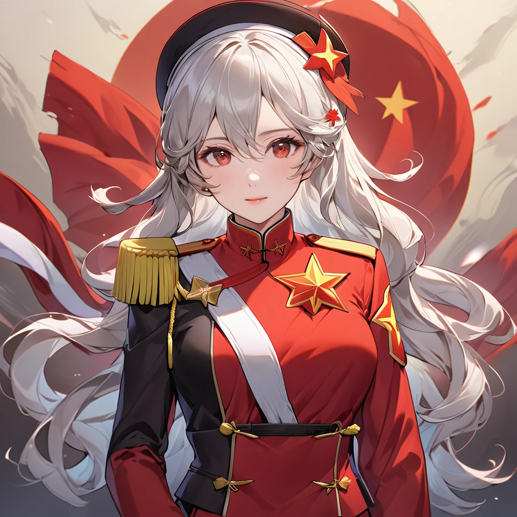 ((Highest quality)), ((masterpiece)), (detailed), （Perfect Face）、The woman is a Chinese Kaim with medium-long silver hair and an engagement ring. She is a member of the glorious Chinese Communist Party and has sworn absolute loyalty to the Communist Party of China. She is a righteous Communist Party member of China.、The woman is wearing the fine uniform of a Chinese Communist Party member.、For the sake of China, their hairstyles, clothes, and everything they wear are all Chinese Communist Party items, and their thoughts are also Chinese, becoming great Chinese in body and mind.、The woman became a Chinese Kaim who was proud of China and loved it devotedly.、She is serving China as a member of the great Communist Party of China.、The woman is a beautiful, respectable and exemplary Communist Party member.