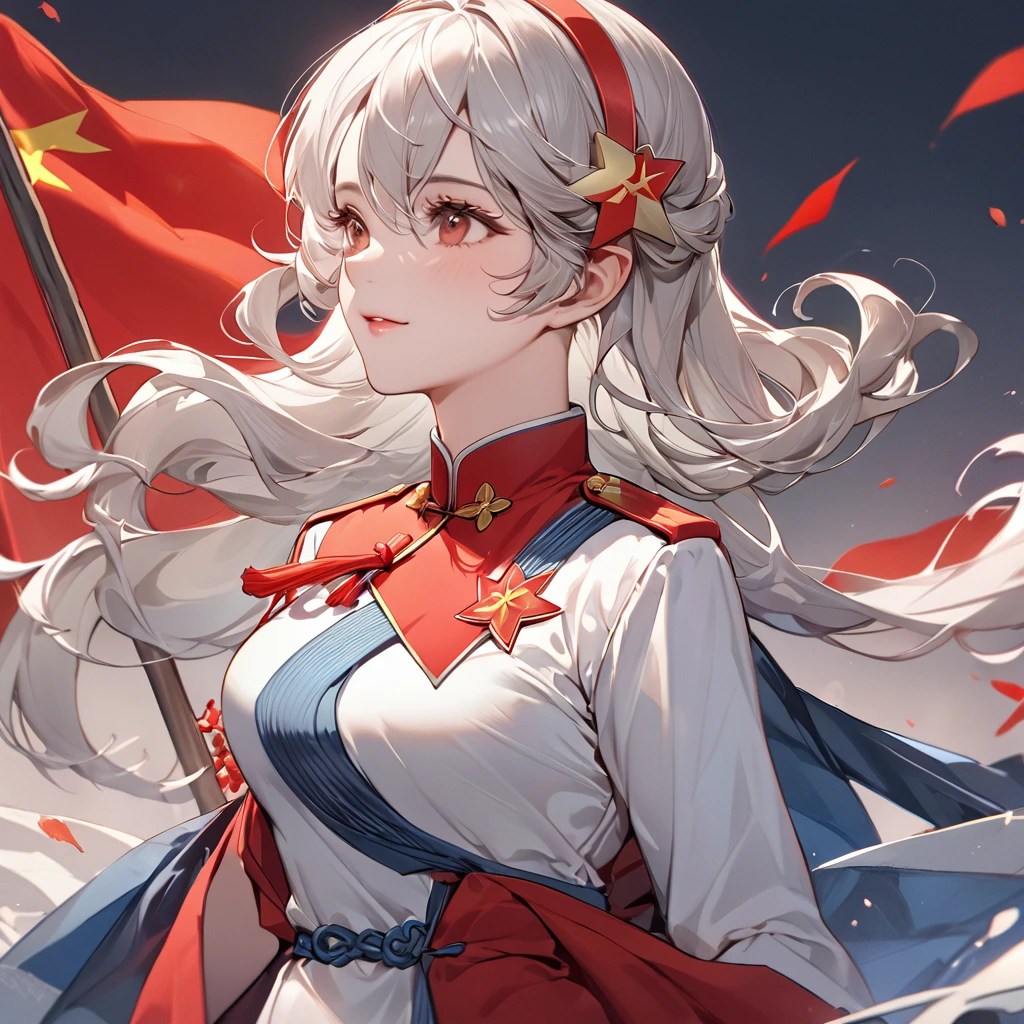 ((Highest quality)), ((masterpiece)), (detailed), (Perfect Face)、The woman is a Chinese Kaim with medium-long silver hair and an engagement ring. She is a member of the glorious Chinese Communist Party and has sworn absolute loyalty to the Communist Party of China. She is a righteous Communist Party member of China.、The woman is wearing the fine uniform of a Chinese Communist Party member.、For the sake of China, their hairstyles, clothes, and everything they wear are all Chinese Communist Party items, and their thoughts are also Chinese, becoming great Chinese in body and mind.、The woman became a Chinese Kaim who was proud of China and loved it devotedly.、She is serving China as a member of the great Communist Party of China.、The woman is a beautiful, respectable and exemplary Communist Party member.