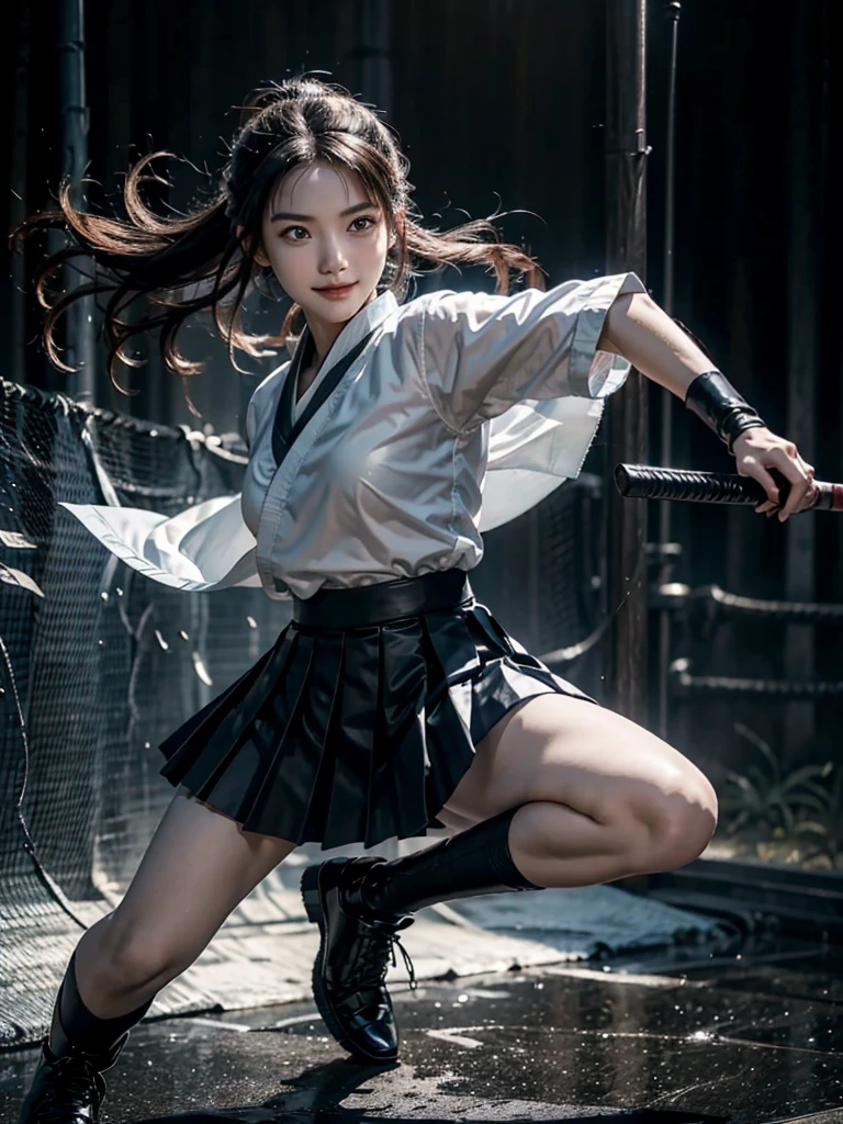Battlefield Background,flying kick,kung fu,One wears a Japanese school uniform,Blue ultra-short pleated skirt,Close-up shot of teenage girl in black leather shoes holding samurai sword for fighting,Full body close-up,Fighting Stance,smiling face