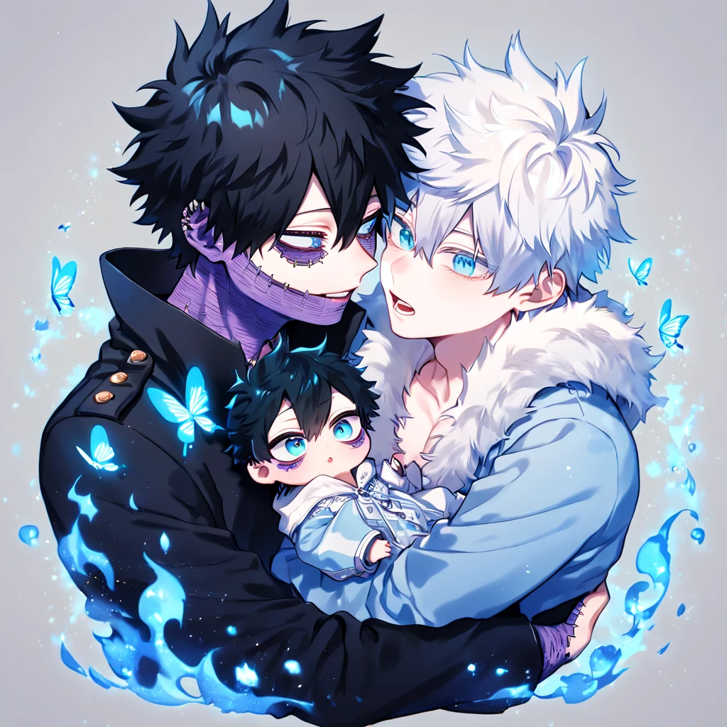 absurdres, highres, ultra detailed, HDR, master piece, best quality, extremely detailed face, delicated features, Dabi, black hair, expressive turquoise eyes, Boku No Hero Academia, Gojou Satoru, white hair, expressive blue eyes, white eyelashes, two sexy men together, carrying a , handsome, yaoi, gay couple, family of three, light-blue coat with fur collar, black coat, fantasy, magical, blue fire butterflies, fire flowers, blue fire, blue flames, blue shining moon, blue flames in the background