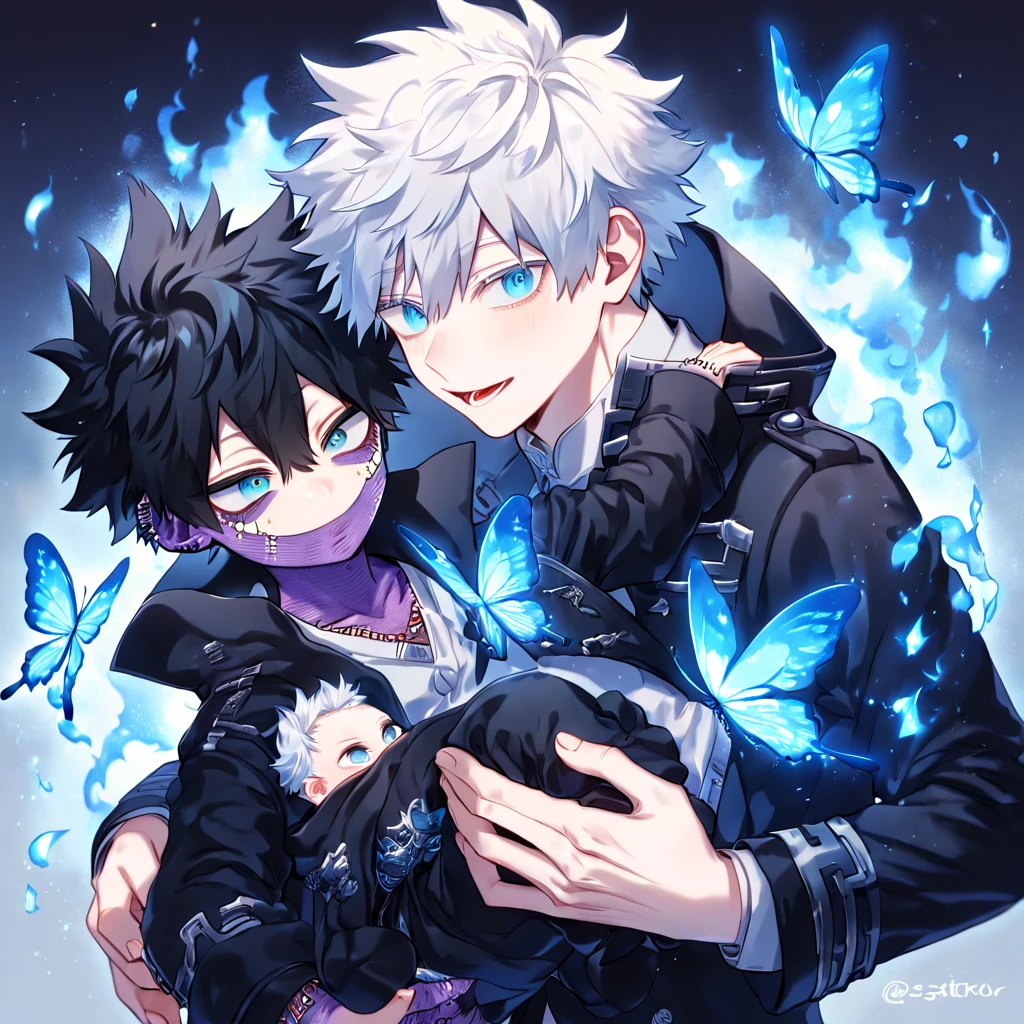 absurdres, highres, ultra detailed, HDR, master piece, best quality, extremely detailed face, delicated features, Dabi, black hair, expressive turquoise eyes, Boku No Hero Academia, Gojou Satoru, white hair, expressive blue eyes, white eyelashes, two sexy men together, carrying a baby, handsome, yaoi, gay couple, family of three, light-blue coat with fur collar, black coat, fantasy, magical, blue fire butterflies, fire flowers, blue fire, blue flames, blue shining moon, blue flames in the background