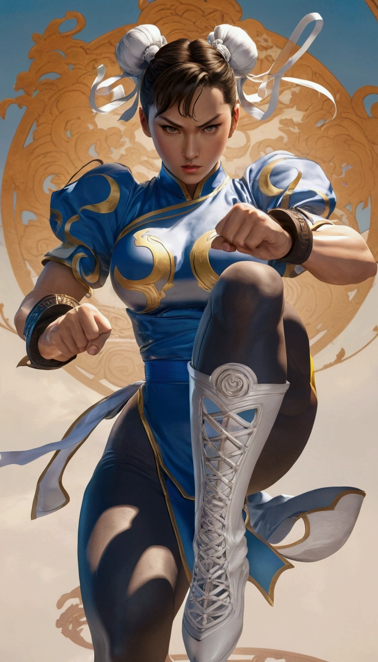 Arafe woman chun-li solo with ponytail haighting Game Fightetness Model、Big breasts about to burst、No exposed skin、thin and long legs,、Fitness Body Shape、Pose ready to fight、battle look, close up 