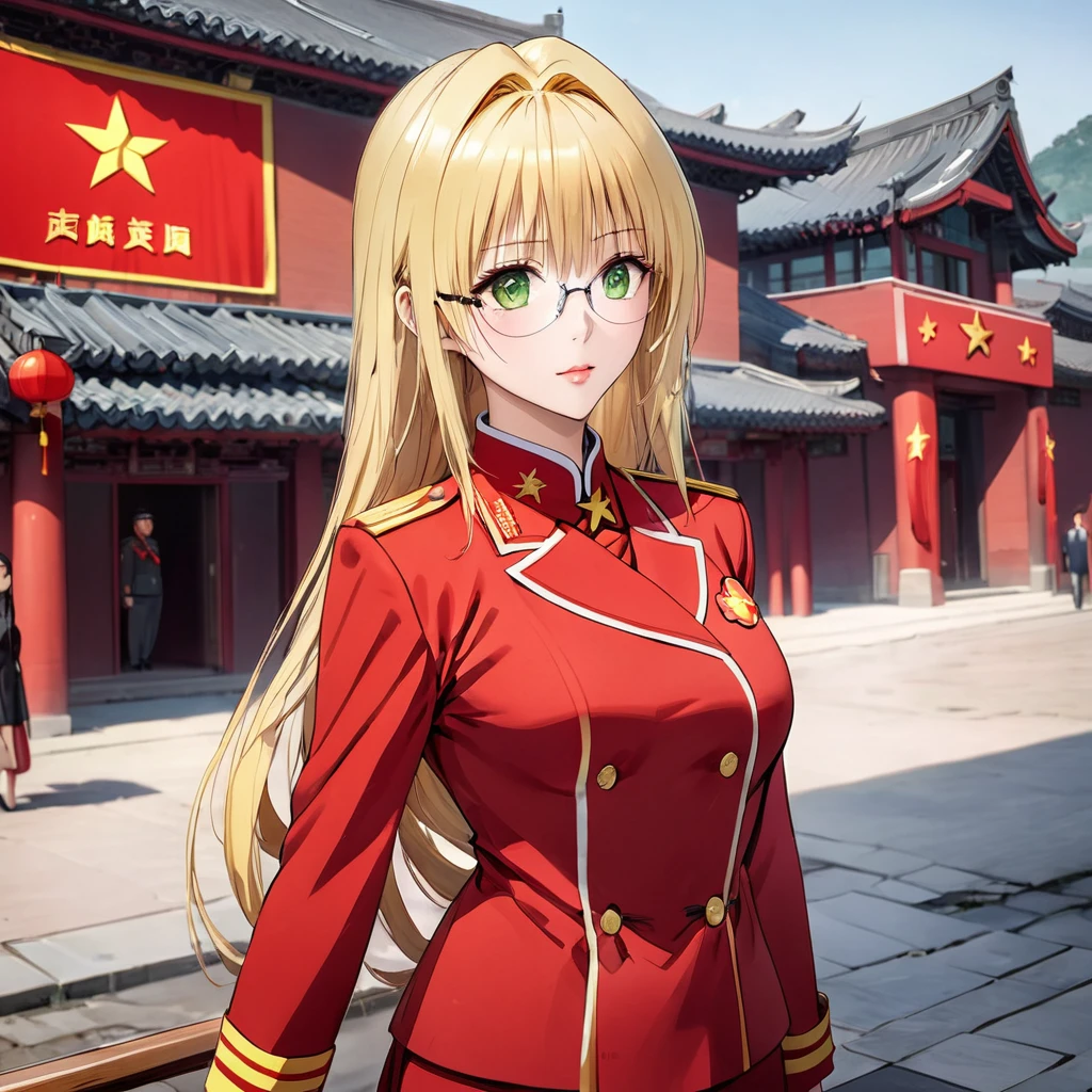 ((Highest quality)), ((masterpiece)), (detailed), （Perfect Face）、The woman is a Chinese woman named Tieryu Lunatique, a green-eyed, blonde, medium-long-haired Chinese woman wearing an engagement ring. She has become a member of the glorious Chinese Communist Party and pledges absolute loyalty to the Chinese Communist Party. She is a righteous Communist Party member of China.、The woman is wearing the fine uniform of a Chinese Communist Party member.、For the sake of China, their hairstyles, clothes, and everything they wear are all Chinese Communist Party items, and their thoughts are also Chinese, becoming great Chinese in body and mind.、The woman became a Chinese woman named Tiare Lunatique, who was proud of China and loved it devotedly.、She is serving China as a member of the great Communist Party of China.、The woman is a beautiful, respectable and exemplary Communist Party member.