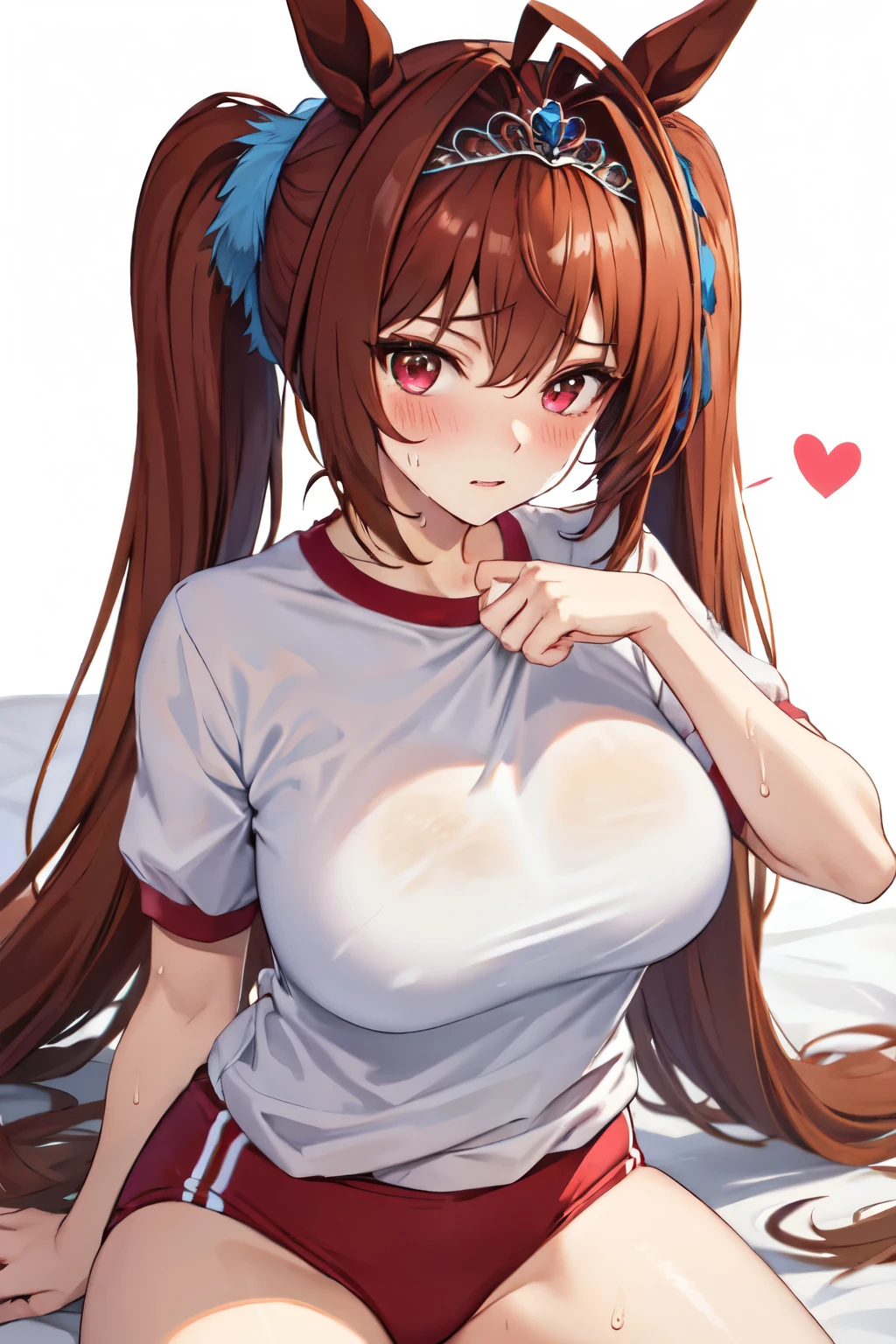 daiwa scarlet, thighs, brown hair, white background, tail, animal ears, hair intakes, tiara, very long hair, long hair, 1girl, twintails, solo, looking at viewer, white shirt, large breasts, shirt, horse tail, buruma, horse girl, red eyes, sitting, sweat, horse ears, blush, gym uniform, gym shirt, simple background, red buruma, short sleeves