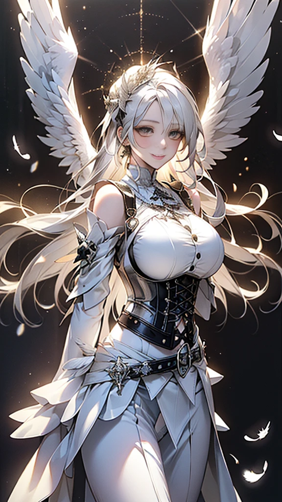 (masterpiece:1.2, Highest quality), (Realistic, photoRealistic:1.4), beautiful figures, (Natural Side Lighting, Cinema Lighting), Looking at the audience, Upper Body, (正面figure), 1 girl, Perfect Face, Symmetrical cute face, Glowing Skin, Baby Face, Long eyelashes, (Large Breasts), (Wide Hips),Beautiful Hair, Beautiful Face, Fine and beautiful eyes, Beautiful body, Beautiful breasts, Beautiful thighs, Beautiful legs, Beautiful fingers,(Beautiful views),(Cute Smile:1.4, Upper Eye),(Wings with feathers:1.1), (Angel Wings:1.1), 1angel, Silver Eyes, Pure white hair, Hello,(Underbust:1.5), Pause, (feather:1.1), (light:1.1), (reflection:1.1), (Glitter:1.1), (Particles of light:1.1), (A world of light:1.1), View your viewers, Cowboy Shot:0.7, close, (Complex:1.1), (Bright White Theme:1.8), (Bright white:1.5), (pure white tone:1.5), figure,(belt strap dress:1.5),(Side skirt only:1.8),(Camel Toe),(Embroidered costume),(Gothic Long Skirt:1.5),Thigh-length tights, thigh high long boots,(White Punk Gothic Style:1.5),(White panties:1.5),Rule of Thirds,(Browsing Caution;1.5),(White clothes:1.5),