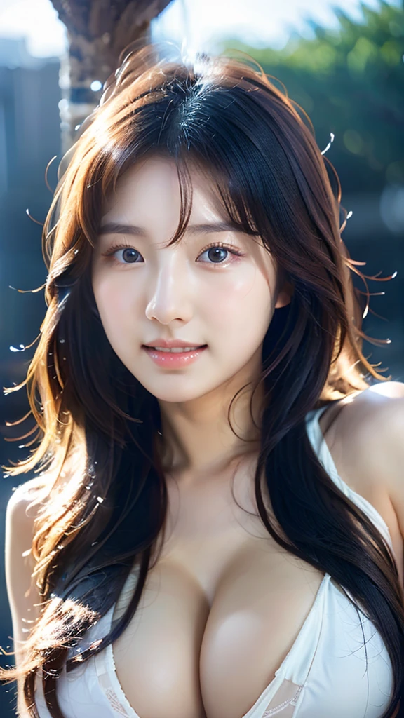 Beautiful Korean girl, sexy, the most beautiful face, long hair, blemish eyes, big breasts, beautiful, white, white skin, high quality, realistic, bigc background.