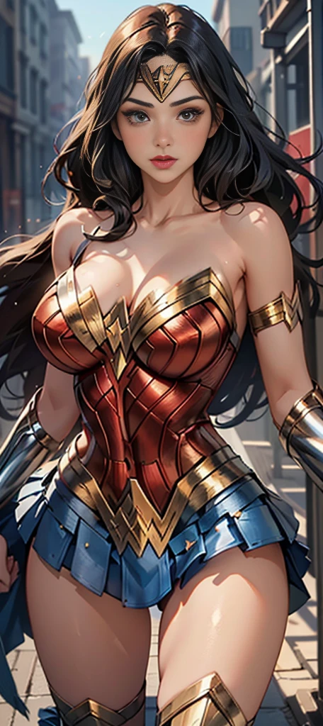 1 girl ( young woman, wonder woman, 2s, big breasts, beautiful , voluptuous body) using lingerie ( red bra , blue panties) ,blue mini skirt ( wonder woman skirt outfit)