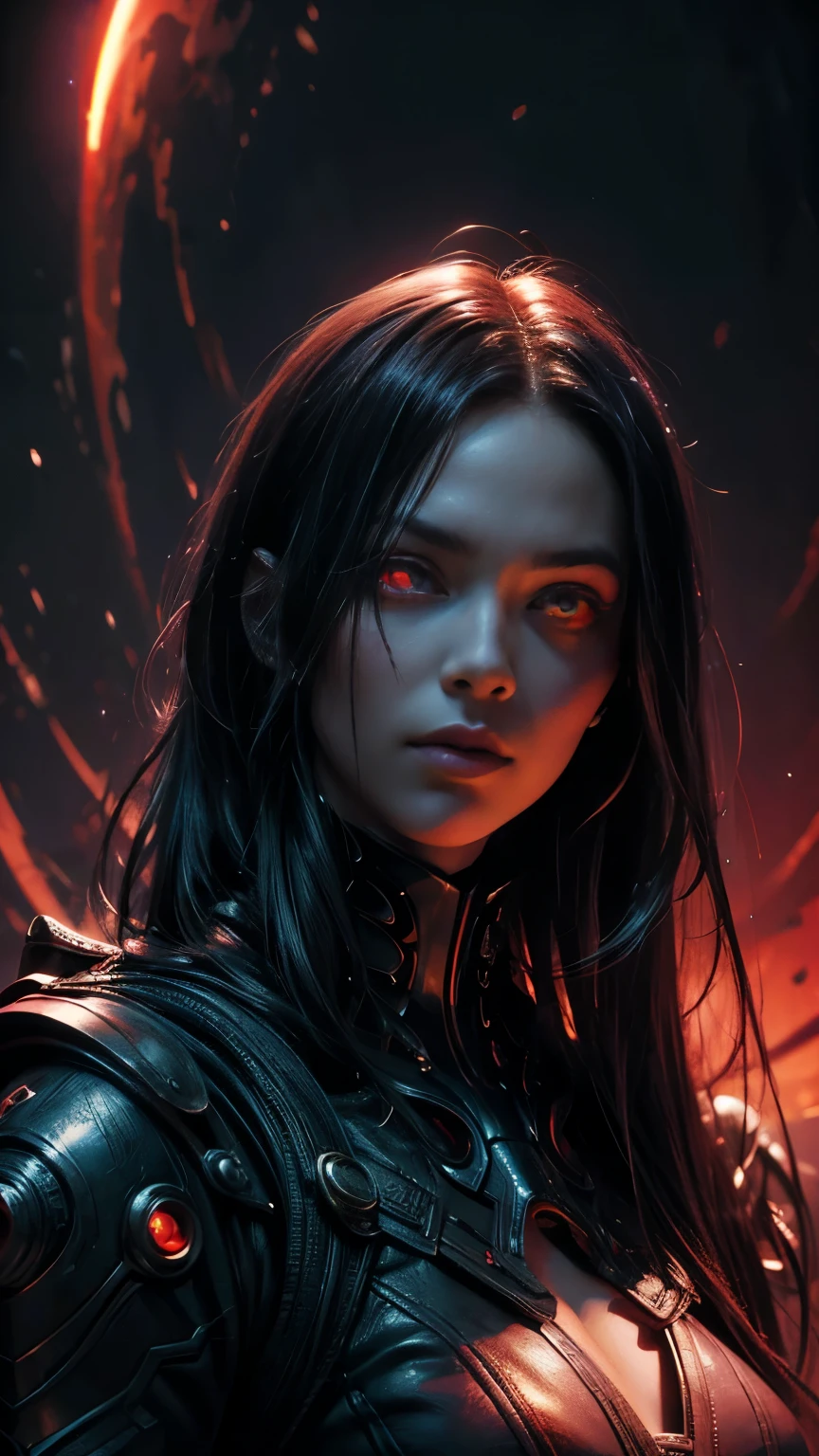 Female alien from the world of Roughraft, Highly detailed artistic photography, Midnight Aura, Night Sky, Gorgeous face with attention to detail, dream-like, Shine, Backlight, Glamour, Sparkle, (Very detailed face and eyes:1.2), (High resolution glowing red eyes:1.4), Oil on canvas, Brush strokes, Smooth, Ultra-high resolution, 8k, Unreal Engine 5, Super sharp focus, Art by Alberto Seveso, ArtJam, Reusch, sf, An exquisite masterpiece of art, an ominous, Matte Movie Poster with Image, Golden Ratio, Trending on CGSociety, Complex, wonderful, Trending on Art Station, author: ArtJam, h. R. GigeR and Bexinski, Very detailed, The World of LoughcRaft, Cthulhu, Vibrant, Depiction of the film's characters, Super high quality model