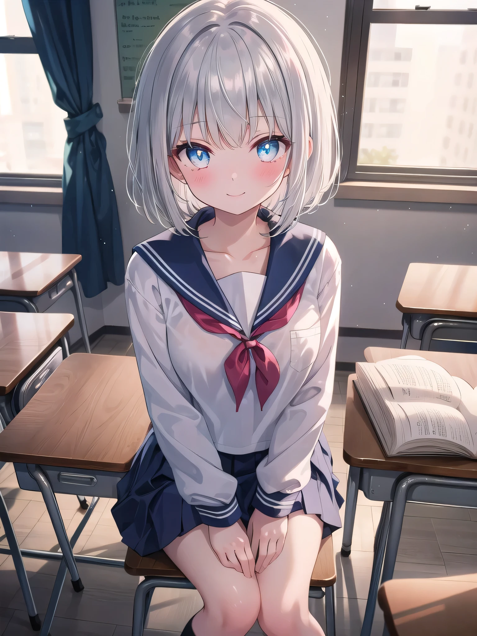 (8K, Best Quality, Masterpiece:1.3)), Ultra High Resolution, (1 Girl, 1 Person), (Color Changing Eyes, Super Detailed, Expressive Sparkle, Sparkling, Glowing Eyes), Highly Detailed Eyes, Highly Detailed Face, Random Hair, (Silver Gray Color), "A woman wearing a sailor uniform with a low neckline." The background is a classroom after school, with the setting sun shining in through the window, warmly lighting the entire classroom. The classroom is lined with chairs and desks, and traces of lessons remain on the blackboard. The woman is captured from an angle from above, with her silver hair cut into a short bob.

She is wearing a white and blue sailor uniform with a low neckline. The V-shaped cut of the sailor uniform emphasizes her low neckline, and a cute pink bra can be seen underneath. The bra is decorated with small ribbons and lace, and the skirt of the sailor uniform is above her knees, with a blue ribbon tied at her low neckline.

She is smiling shyly, blushing a little. Her figure blends in with the calm atmosphere of the classroom, and the light in the background adds a soft glow to the whole image.