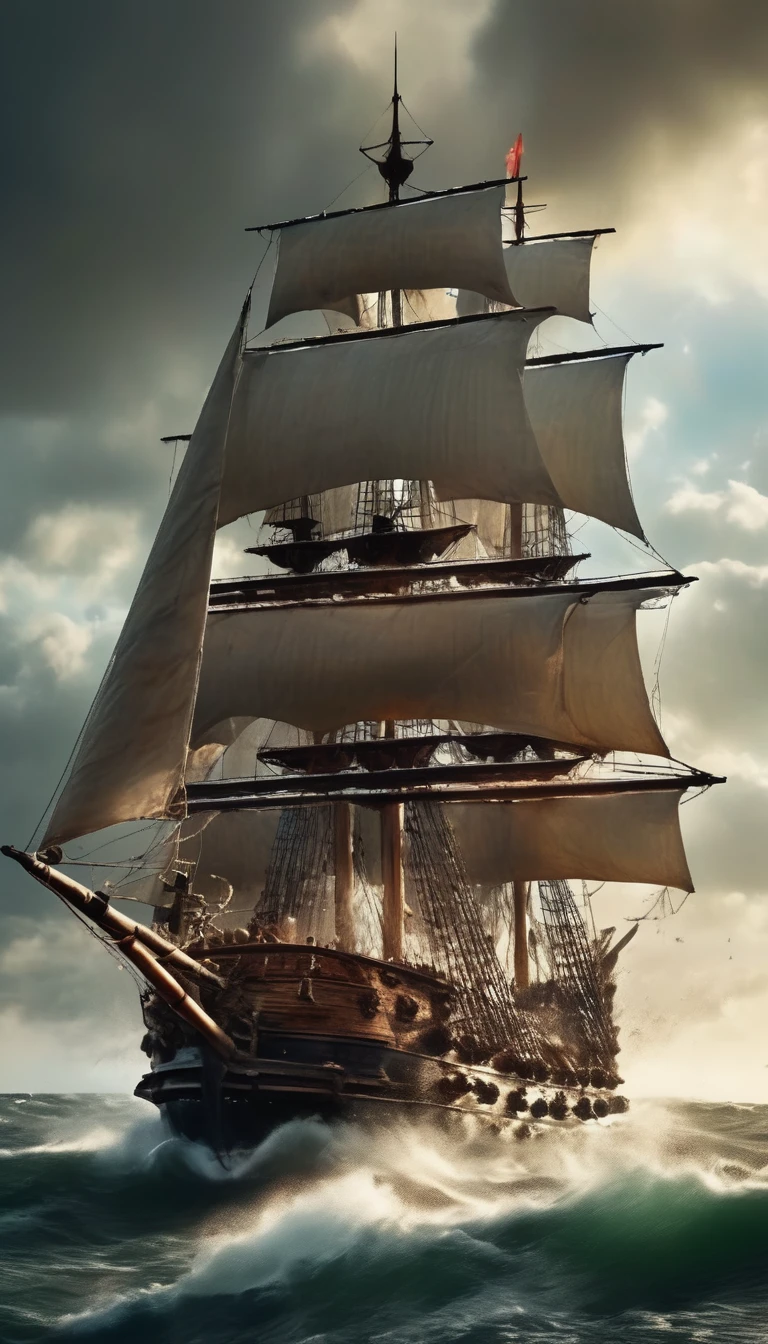 a pirate ship, enormous galleon ship, firing cannons at british naval ships, stormy ocean, cloudy sky, dramatic lighting, cinematic camera angle, highly detailed, photorealistic, 8k, award winning digital art, oil painting, muted color palette, chiaroscuro lighting, dynamic composition, dramatic atmosphere