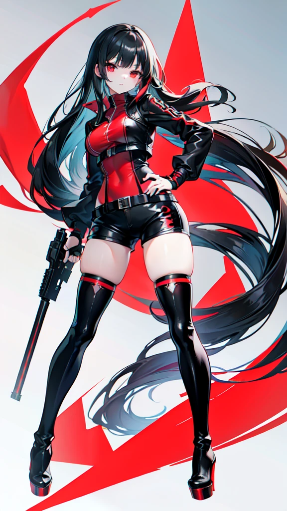 Anime style, pretty girl, pretty face, detailed outfit, long black hair with bangs, full body, red eyes, two black gun holsters on each side, red and black themed outfit, pretty design outfit, thigh-high heeled boots, shorts, tight long sleeve jacket, fingerless gloves, assassin combat ninja outfit look