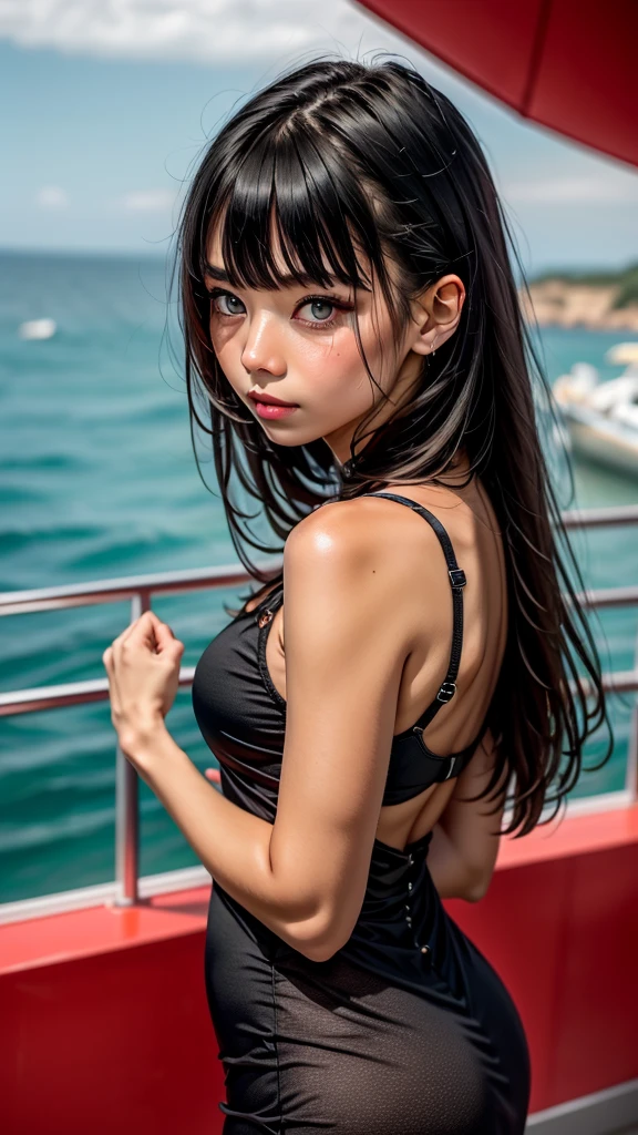 (In 8K, highest quality, pieces fly:1.2)、ultra high resolution、20 year old beauty,super detailed face,fine eyes,long eyelashes,black eye,glossy lips,I will polish,break,silver blue hair,straight hair、long hair,dull bangs,break, mermaid sheer dress,movie theater lighting、Titanic with sea view,Are standing,detailed hand fingers、alone、look back