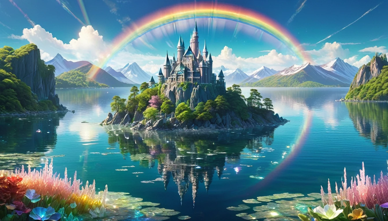 A stunning 3D scene,A sparkling lake。The lake is crystal clear,The sun shines on the lake,Reflects a rainbow of light。In the middle of the lake there is a small island made of crystal.,On the island stands a crystal clear castle。8k,high quality,Rich details。