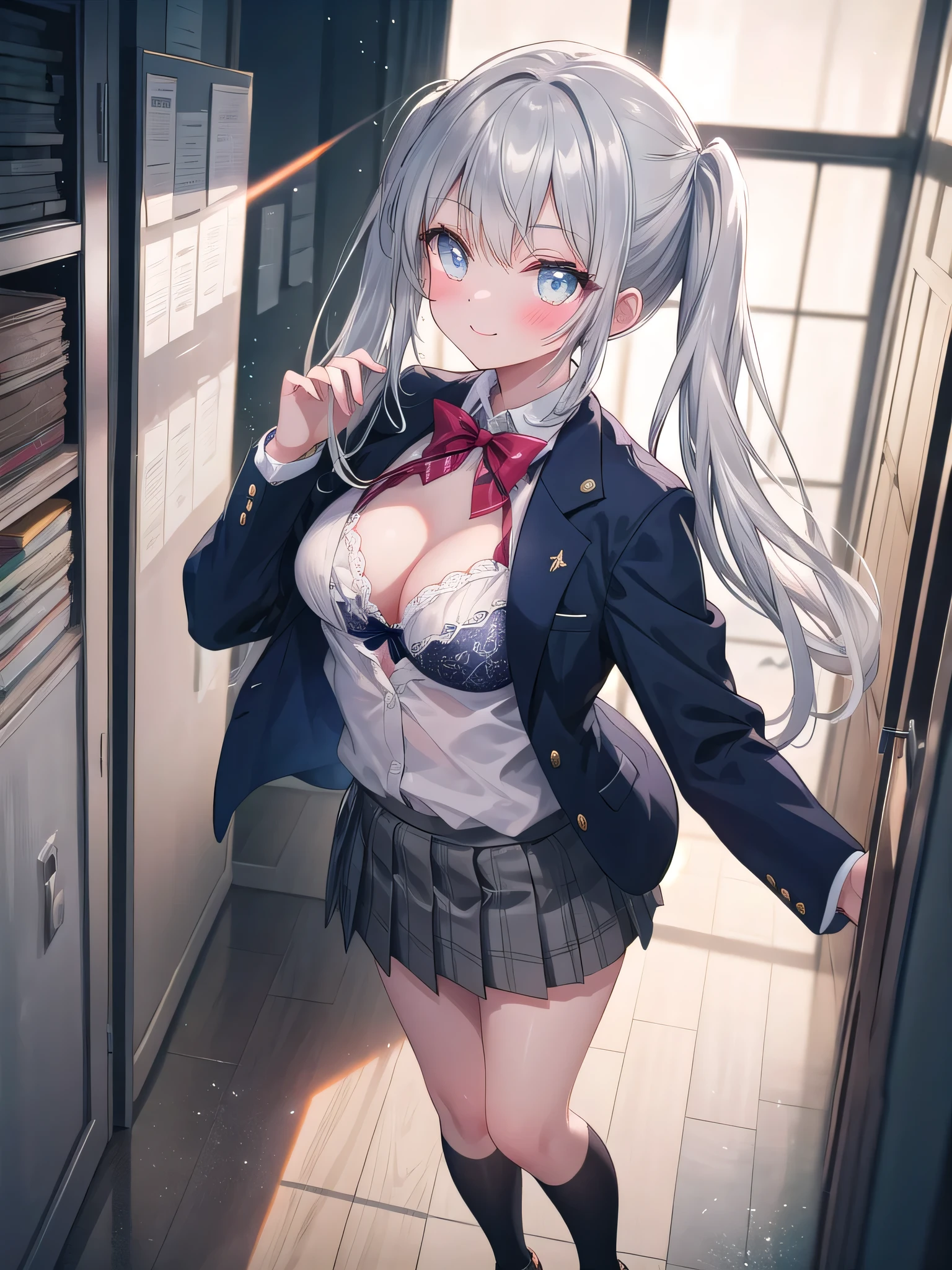 (8K, Best Quality, Masterpiece:1.3)), Ultra High Resolution, (1 Girl, 1 Person), (Color Changing Eyes, Super Detailed, Expressive Sparkle, Sparkling, Glowing Eyes), Highly Detailed Eyes, Highly Detailed Face, Random Hair, (Silver Gray Color), "Woman wearing a blazer with a low neckline." The background is a school hallway, with light coming in through the windows brightly lighting up the entire hallway. It is after school, and the hallway is quiet. The woman is captured from an angle above, with her silver hair tied in twin tails.
She is wearing a navy blue blazer with a low neckline. The V-shaped cut of the blazer emphasizes her chest, and a cute yellow bra can be seen underneath. The bra has a small floral design, and the fabric of the blazer fits her body. The skirt of the uniform is above the knees, and the front of the blazer seems to be slightly open.
She has a relaxed smile on her face, with a slight blush on her face. Her figure blends in with the tranquil atmosphere of the hallway, and the lighting in the background adds a soft glow to the whole image.