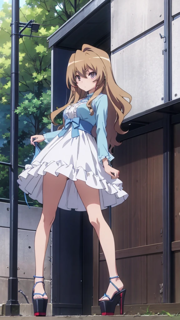 Taiga girl Aisaka 18 years old big breast dress and open sexy platform high heels blue color posing in the park 