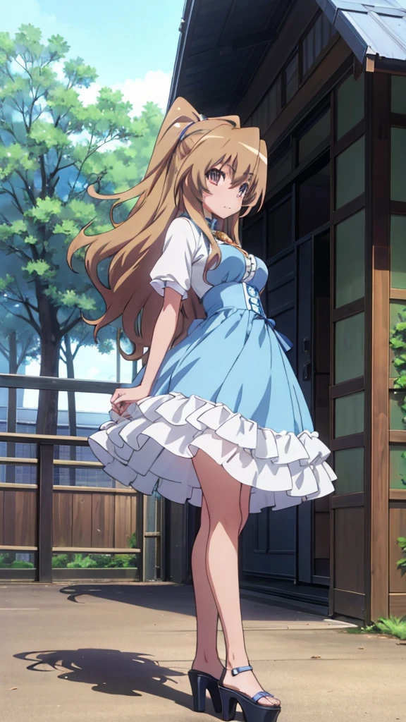 Taiga girl Aisaka 18 years old big breast dress and open sexy platform high heels blue color posing in the park