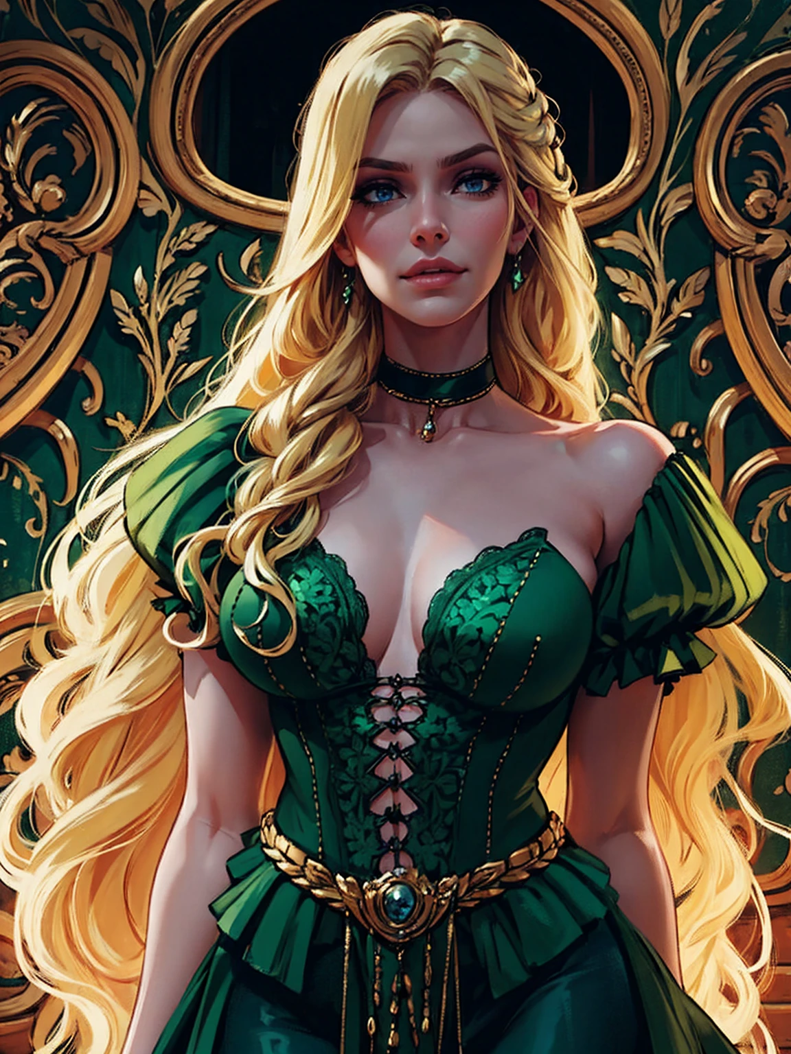 {-erro_de_anatomia:1.0} woman 40 years old, victorian clothes, (green dress), a woman (johanna constantine), very long blond hair, curly hair, (blond hair), (dark blue eyes), black choker . Indifferent look , merciless, dinamic poses, egoist smile