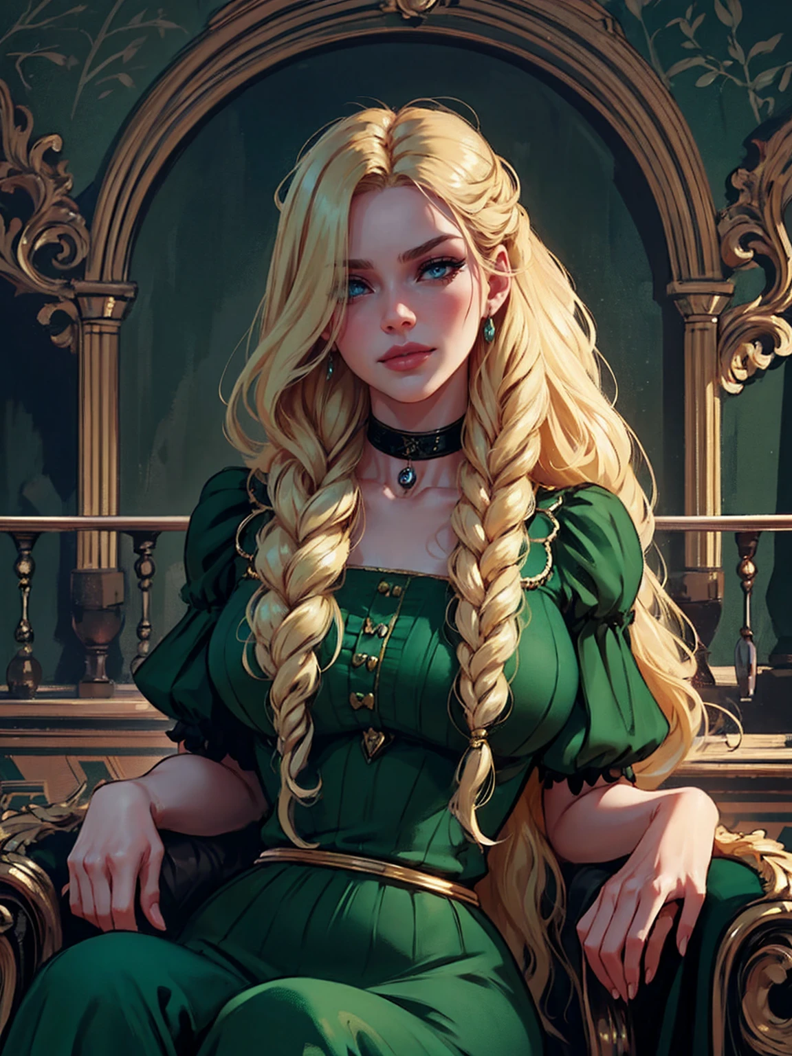 {-erro_de_anatomia:1.0} woman 40 years old, victorian clothes, (green dress), a woman (johanna constantine), very long blond hair, curly hair, (blond hair), (dark blue eyes), black choker . Indifferent look , merciless, dinamic poses, egoist smile