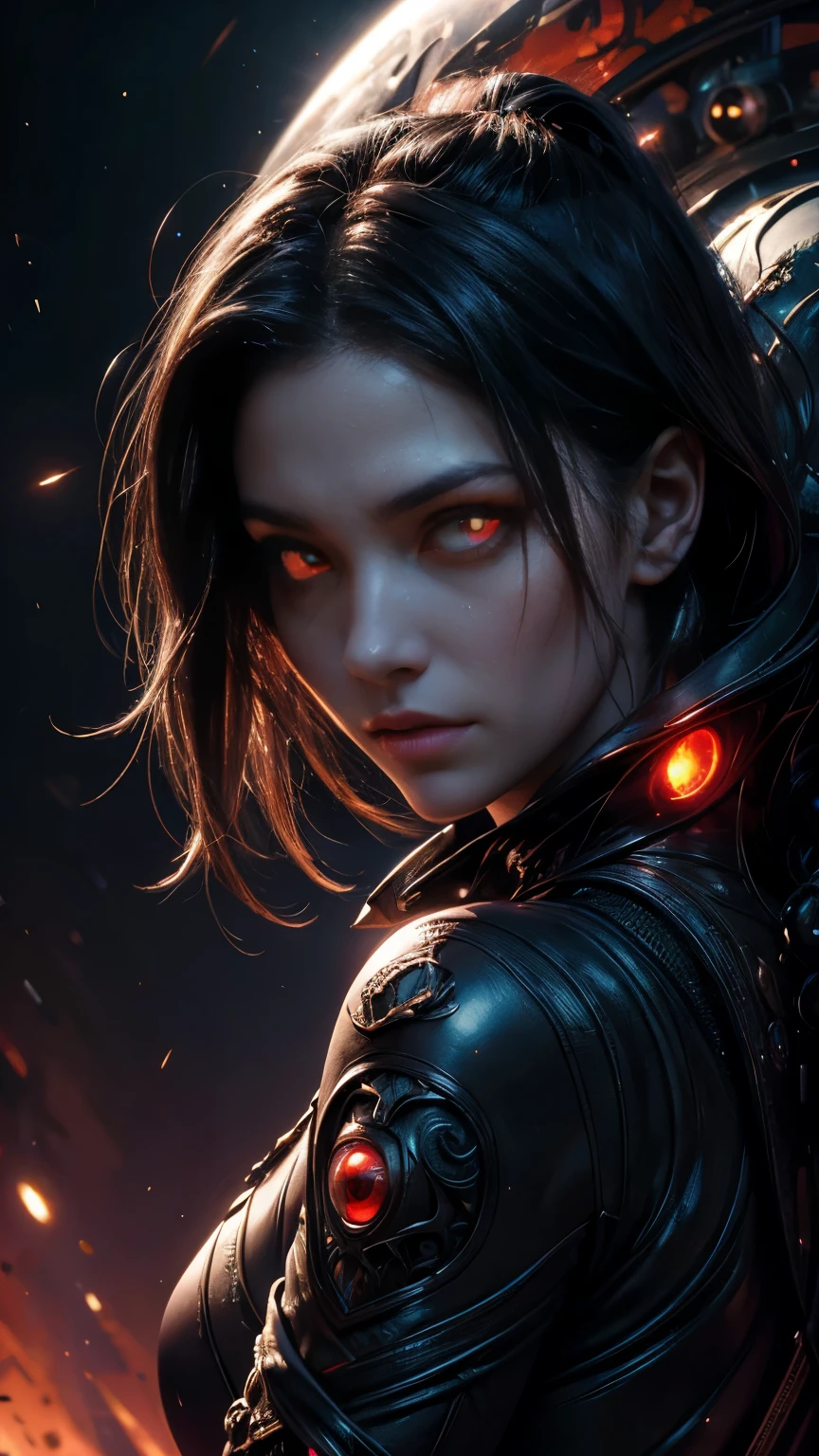 Female alien from the world of Roughraft, Highly detailed artistic photography, Midnight Aura, Night Sky, Gorgeous face with attention to detail, dream-like, Shine, Backlight, Glamour, Sparkle, (Very detailed face and eyes:1.2), (High resolution glowing red eyes:1.4), Oil on canvas, Brush strokes, Smooth, Ultra-high resolution, 8k, Unreal Engine 5, Super sharp focus, Art by Alberto Seveso, ArtJam, Reusch, sf, An exquisite masterpiece of art, an ominous, Matte Movie Poster with Image, Golden Ratio, Trending on CGSociety, Complex, wonderful, Trending on Art Station, author: ArtJam, h. R. GigeR and Bexinski, Very detailed, The World of LoughcRaft, Cthulhu, Vibrant, Depiction of the film's characters, Super high quality model