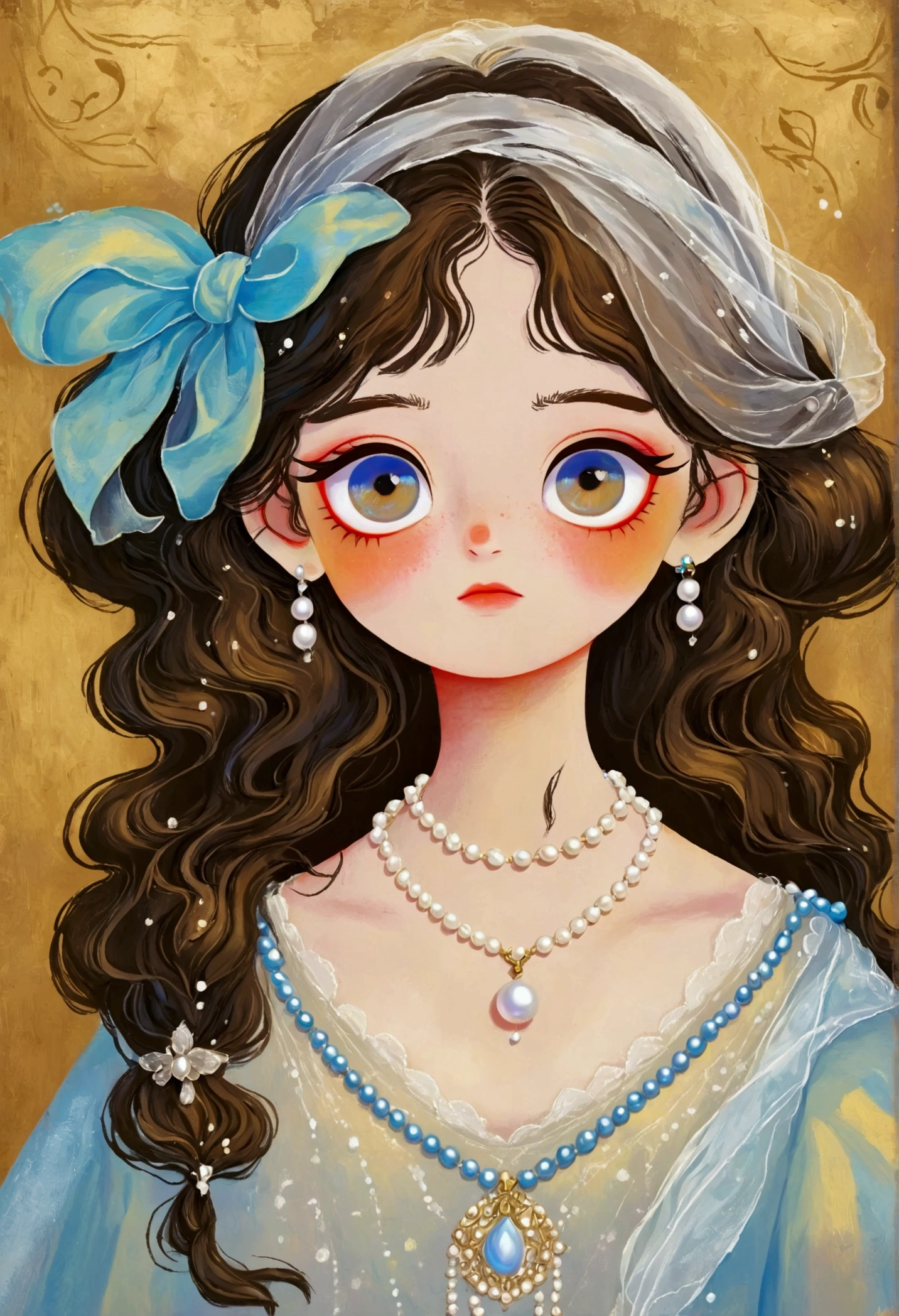 A painting，Pastel Art。Q version，Girl with a pearl necklace，big eyes，Leonardo da Vinci Art