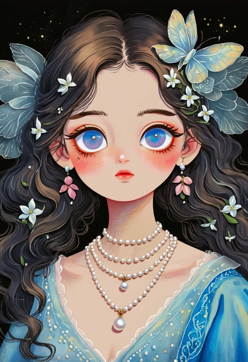 A painting,Pastel Art。Q version,Girl with a pearl necklace,big eyes,Leonardo da Vinci Art