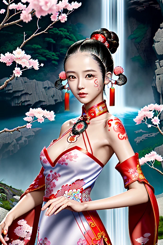 Create an image of a Chinese woman, who has a fractal hairstyle of Beniot mandelbrot, beads around her neck look like Levi's road, and a tattoo on the shoulder depicts a beautiful sakura, her dress is just a waterfall