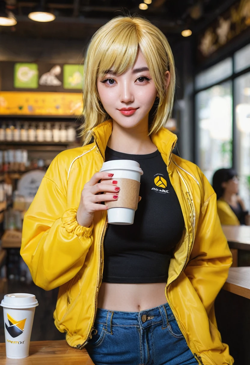 A woman wearing a yellow jacket and holding a coffee cup, extremely detailed ArtJam, Anime girl drinking energy drink, Senna from League of Legends, lovely Bridget from Overwatch, Bridget from Overwatch, ruan jia and ArtJam, trending ArtJam, Faye Valentine, like ArtJam, range murata and ArtJam, ig model | ArtJam
