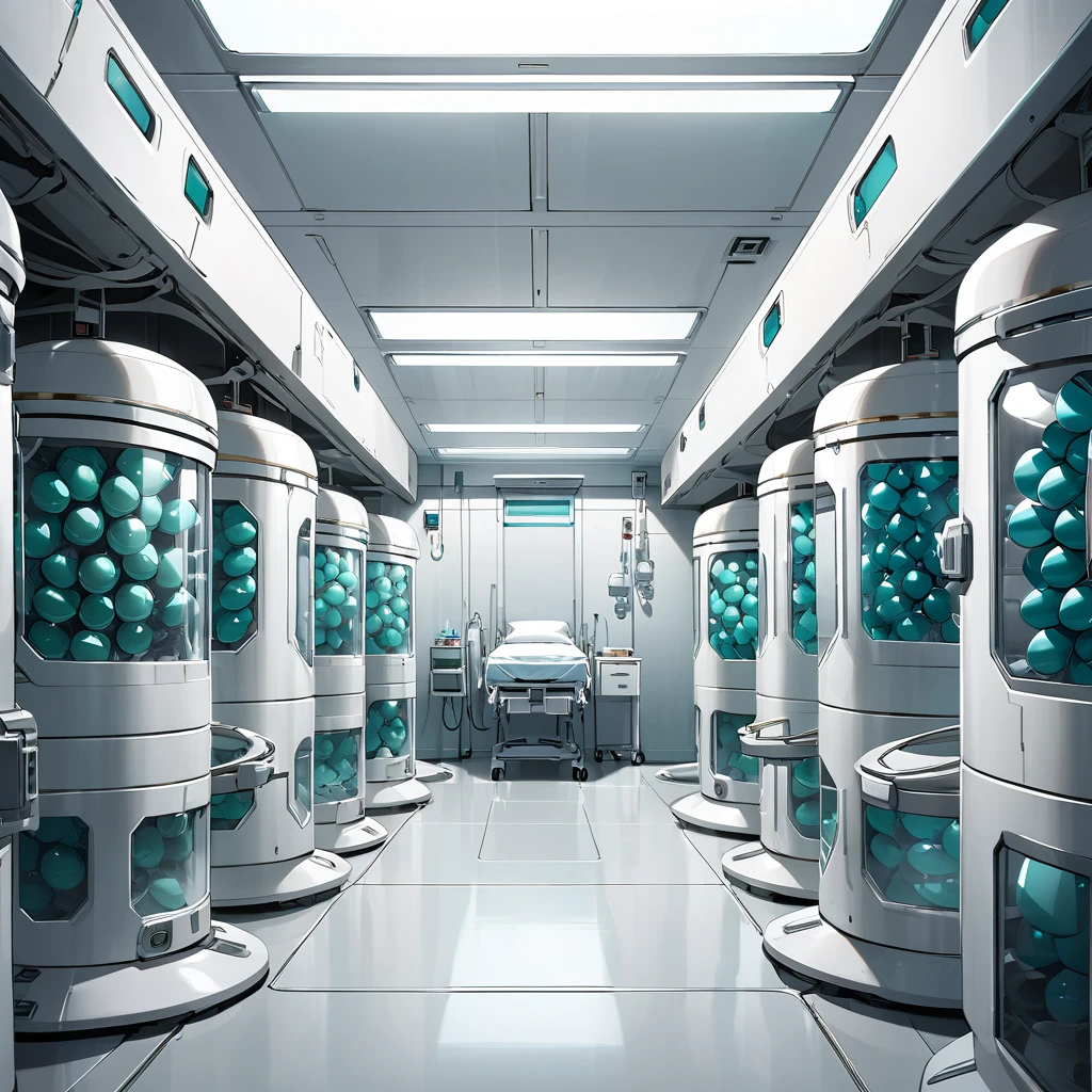 Large empty medical room, with several colonization capsules.