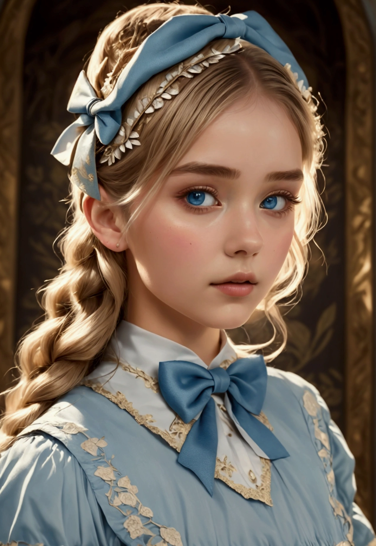 1 girl, masterpiece, Best Quality, 8k, detailed skin texture, Detailed fabric texture, beautiful detailed face, intricate details, ultra detailed, Alice in Wonderland, (a bow on his head:1.1), Upper part of the body