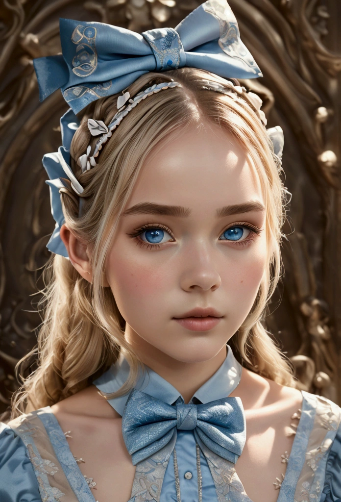 1 girl, masterpiece, Best Quality, 8k, detailed skin texture, Detailed fabric texture, beautiful detailed face, intricate details, ultra detailed, Alice in Wonderland, (a bow on his head:1.1), Upper part of the body