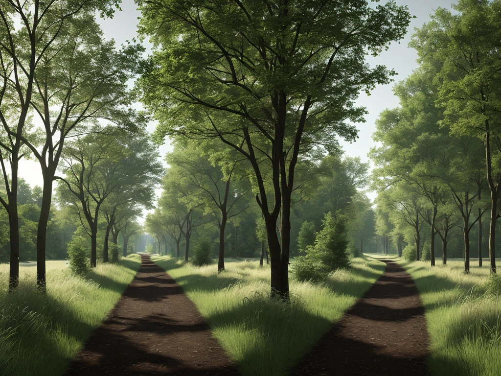 2 paths, one into a dark forrest, the other to a feild of hay, no people, FanFo