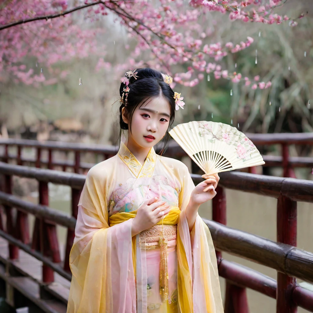 Editorial photography of a innocent beautiful charming young Thai Chinese woman 16 year old, adorned in an elegant traditional Asian dress, hyper-detailed beautiful eyes and face's skin, stands gracefully on a wooden bridge. She holds a delicate fan in her hands, its golden design complementing the pastel colors of her flowing attire. Cherry blossoms rain down around her, creating a serene and enchanting springtime atmosphere. Her gentle smile and realistic quality of the scene