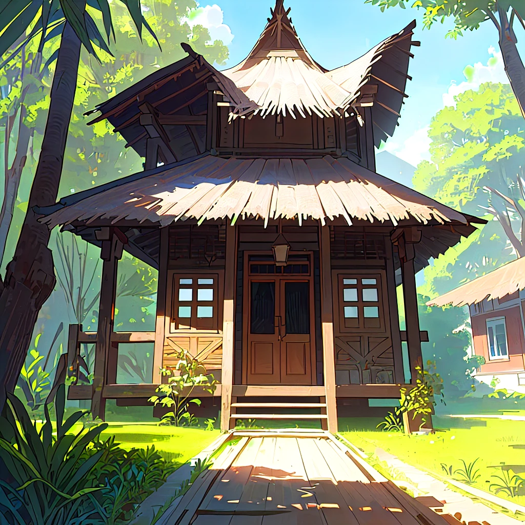 a close up of a house with a hammock on the porch, outside view, ecovillage, village house, colonial house in background, frontview, frontal picture, malika favre, by Felipe Seade, by Nándor Katona, rural, with a front porch, frontal shot, small houses, coban, complete house, colombian, beautiful image