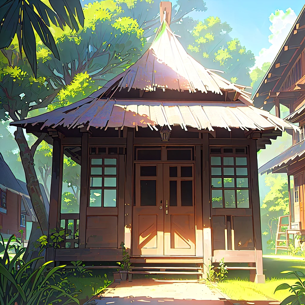 a close up of a house with a hammock on the porch, outside view, ecovillage, village house, colonial house in background, frontview, frontal picture, malika favre, by Felipe Seade, by Nándor Katona, rural, with a front porch, frontal shot, small houses, coban, complete house, colombian, beautiful image