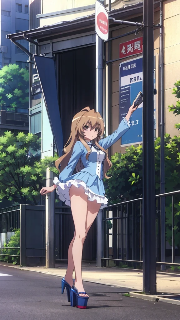 Taiga girl Aisaka 18 years old big breast dress and open sexy platform high heels blue color posing in the park 