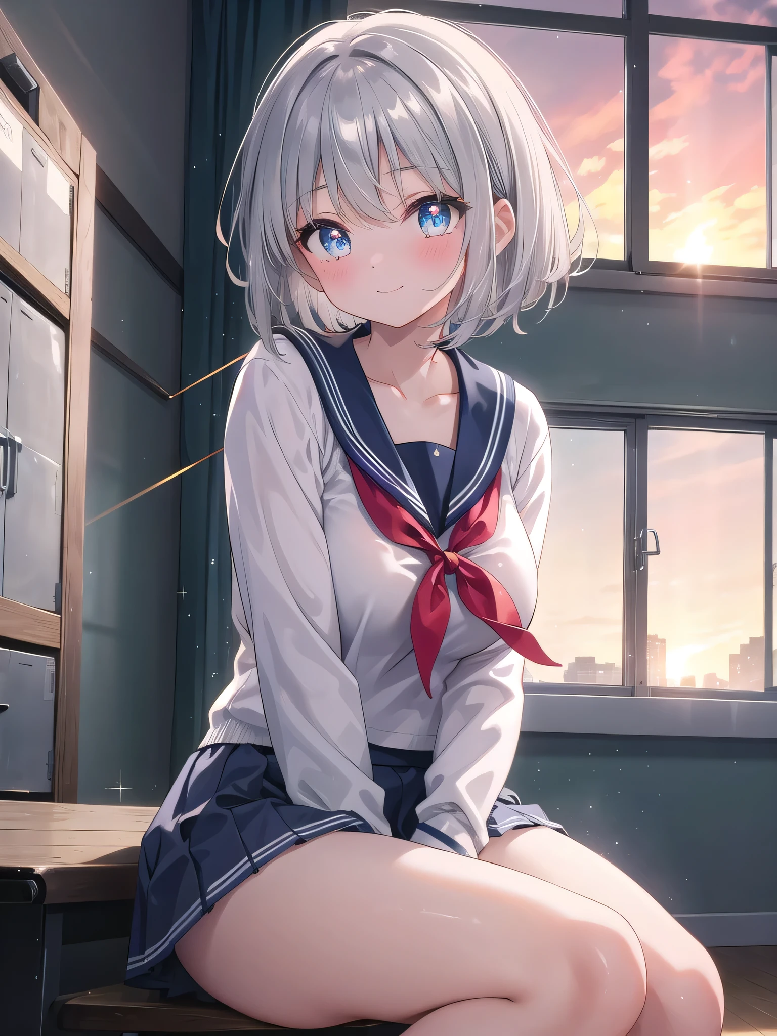 (8K, Best Quality, Masterpiece:1.3)), Ultra High Resolution, (1 Girl, 1 Person), (Color Changing Eyes, Super Detailed, Expressive Sparkle, Sparkling, Glowing Eyes), Highly Detailed Eyes, Highly Detailed Face, Random Hair, (Silver Gray Color), "A Woman Wearing a Sailor Uniform with a Low Neckline." The background is a school gymnasium, a lively space with basketball courts and exercise equipment. It is after school hours, and the sunset from the window warmly illuminates the entire gymnasium. The woman is captured at an angle that emphasizes her upper body, and her silver hair is a short bob that sways with her movements.

She is wearing a white and red sailor uniform with a low neckline. The V-shaped cut of the sailor uniform emphasizes her low neckline, and a cute light blue bra is visible underneath. The bra has ribbon and lace details, and the skirt of the sailor uniform is above her knees, with a red ribbon tied at her low neckline.

She is wearing a shy smile with a slight blush on her face. Her figure blends in with the lively atmosphere of the gym, and the lighting in the background adds a soft glow to the whole image.