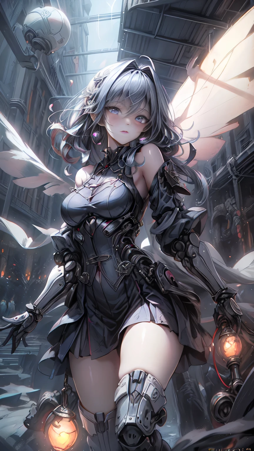 ((Highest quality)), ((Truly a masterpiece)), ((Ultra-detailed:1.4)), ((Ultra-Photorealistic 3D)), Android Magical Girl, Mechanical body, Dynamic action poses for battle scenes, Very complex and heavy fighter aircraft mechanical armament, Off-the-shoulder fashion that combines steampunk and gothic ta with attention to detail, Intricate steampunk headgear, Very thin、Over-the-knee reggae mechanical boots、Fluttering lace flare mini skirt、 Beautiful small breasts directed upwards、Swaying in the Wind、Long, curly silver hair,、Countless large, shining spheres fly around、Lots of sparks cross and fly、Countless neon lights pouring down from the magical pose、Complex and precise mechanical Night City、Very dark background、Very dramatic and cinematic lighting、Big wings on the back8Growing in Sheets。