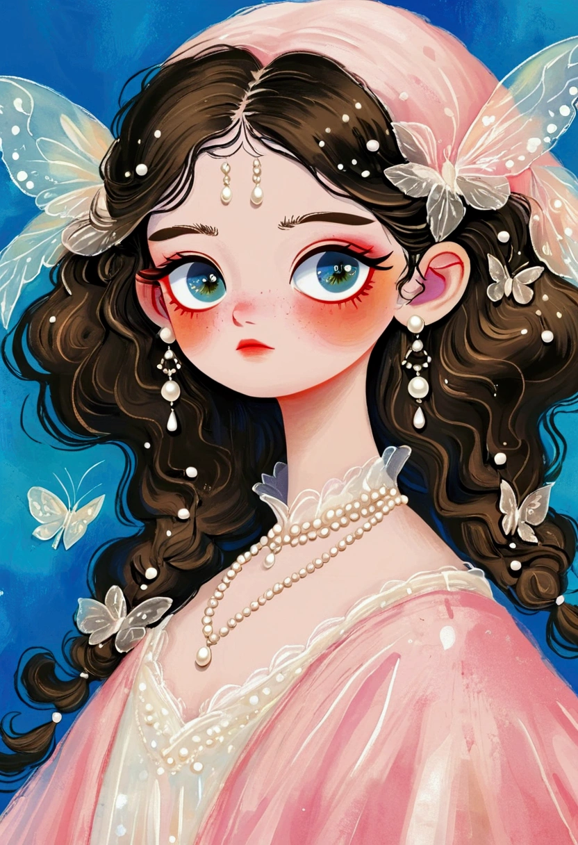 A painting,Pastel Art。Q version,Girl wearing pearl earrings,big eyes,Leonardo da Vinci Art
