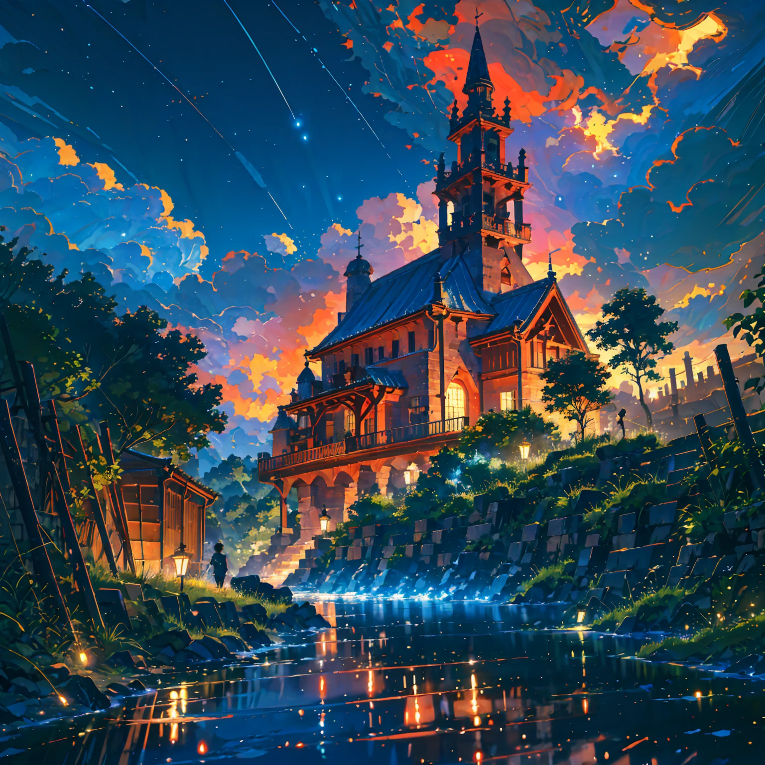 Lake in the center, On the right bank of the lake, a castle with a steeple is seen in the background., With a walled castle town on the lakeside in the background, Majestic風景, A view of the town from the top of a hill, The path leading to the cliffs, A hill full of flowers(Dahlia, Mimosa, gentian), Central European mountain region, Boy and girl from behind, Summer winds, Meteor County, (Broke Effect)(Shining fireflies), (Great composition, Majestic), Panorama, masterpiece, An illustration