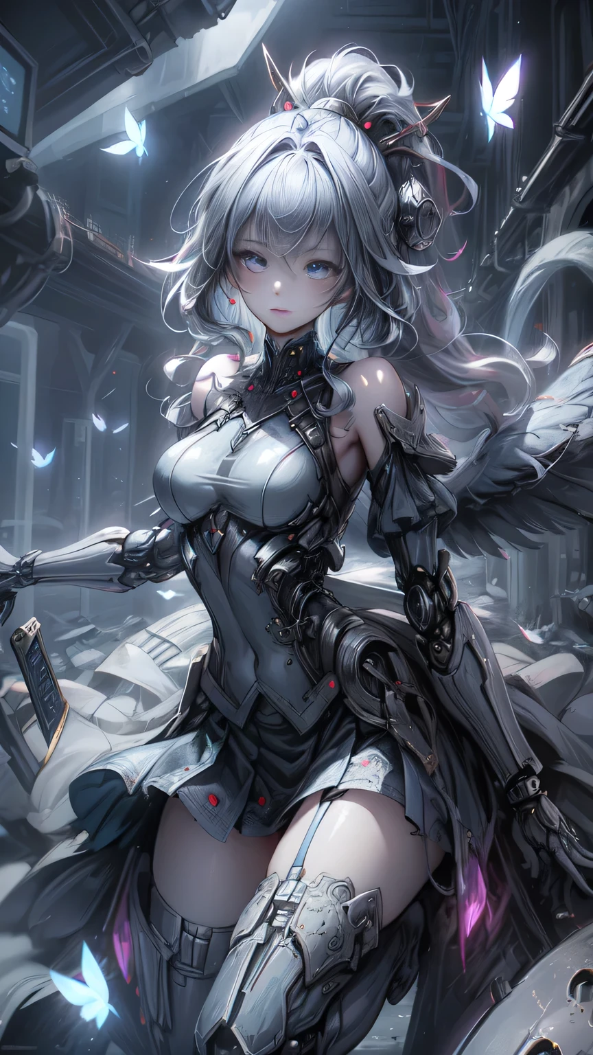 ((Highest quality)), ((Truly a masterpiece)), ((Ultra-detailed:1.4)), ((Ultra-Photorealistic 3D)), Android Magical Girl, Mechanical body, Dynamic action poses for battle scenes, Very complex and heavy fighter aircraft mechanical armament, Off-the-shoulder fashion that combines steampunk and gothic ta with attention to detail, Intricate steampunk headgear, Very thin、Over-the-knee reggae mechanical boots、Fluttering lace flare mini skirt、 Beautiful small breasts directed upwards、Swaying in the Wind、Long, curly silver hair,、Countless large, shining spheres fly around、Lots of sparks cross and fly、Countless neon lights pouring down from the magical pose、Complex and precise mechanical Night City、Very dark background、Very dramatic and cinematic lighting、Big wings on the back8Growing in Sheets。