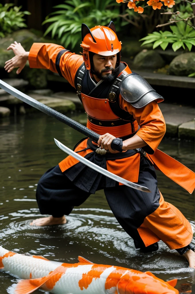 Samurai orange cat with helmet and sword fighting with koi 