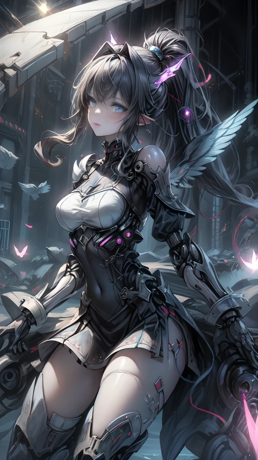 ((Highest quality)), ((Truly a masterpiece)), ((Ultra-detailed:1.4)), ((Ultra-Photorealistic 3D)), Android Magical Girl, Mechanical body, Dynamic action poses for battle scenes, Very complex and heavy fighter aircraft mechanical armament, Off-the-shoulder fashion that combines steampunk and gothic ta with attention to detail, Intricate steampunk headgear, Very thin、Over-the-knee reggae mechanical boots、Fluttering lace flare mini skirt、 Beautiful small breasts directed upwards、Swaying in the Wind、Long, curly silver hair,、Countless large, shining spheres fly around、Lots of sparks cross and fly、Countless neon lights pouring down from the magical pose、Complex and precise mechanical Night City、Very dark background、Very dramatic and cinematic lighting、Big wings on the back8Growing in Sheets。