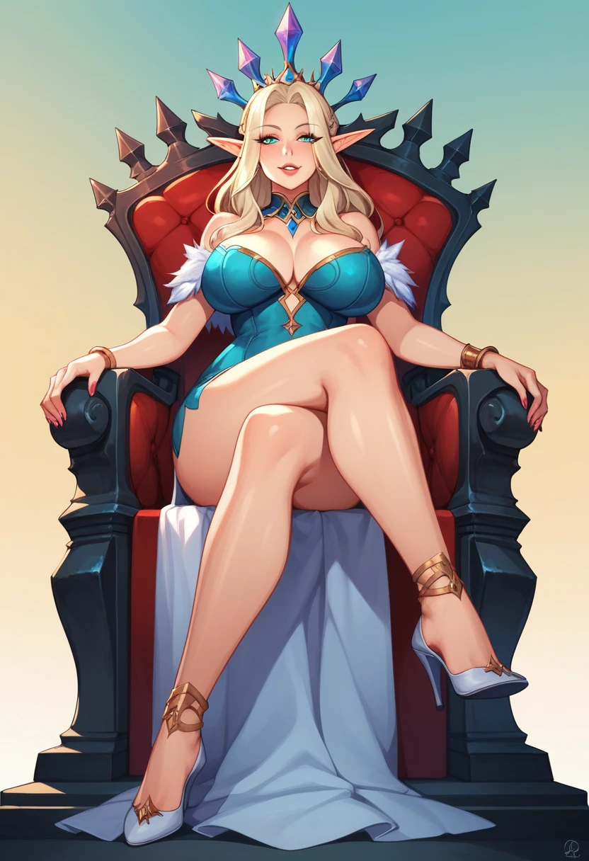 1 girl, elf, elven queen, fantasy, lewd dress, large breasts, mature body, legs crossed, sitting on a throne, looking down at Viewer, zoomed out, Full body