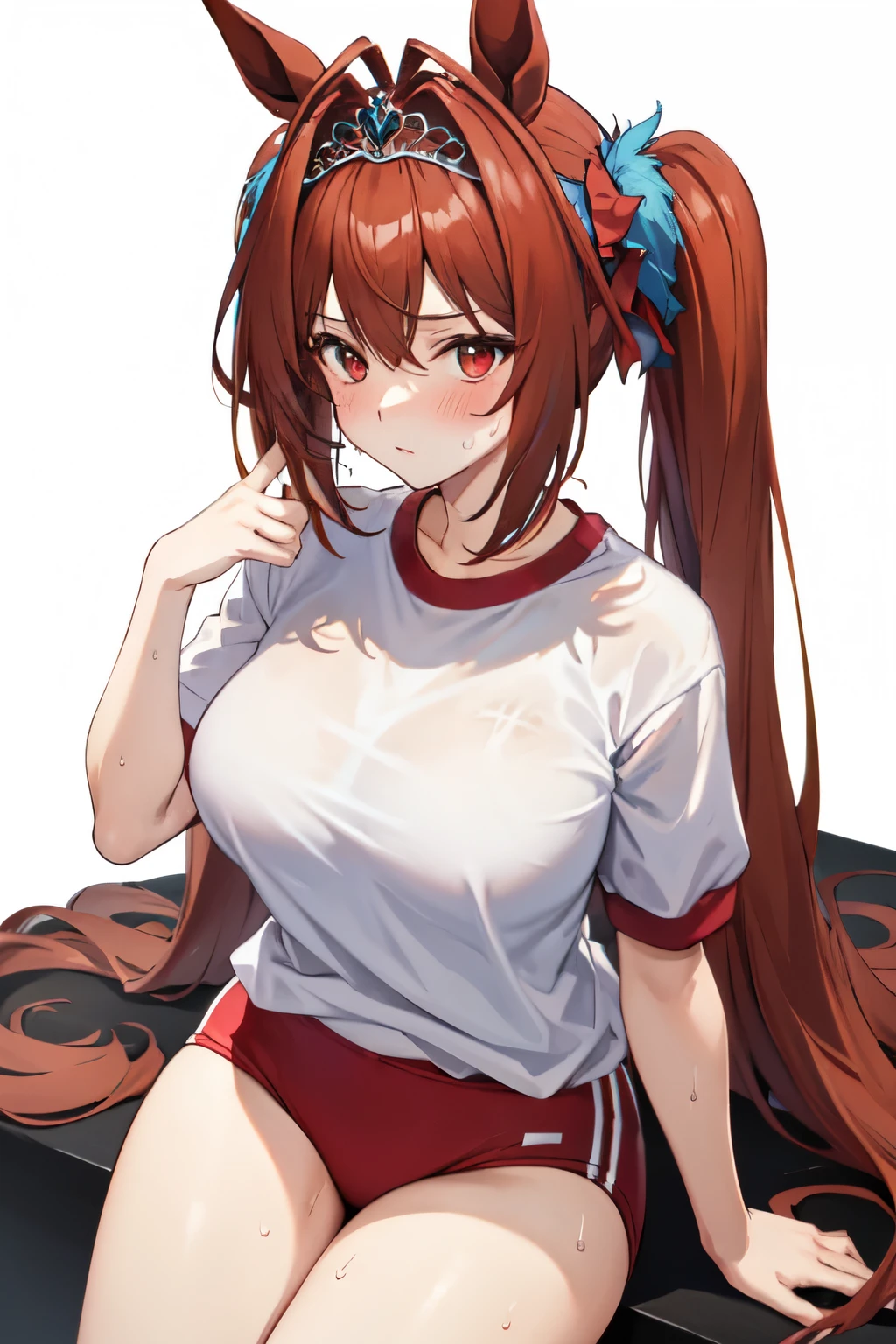 daiwa scarlet, thighs, brown hair, white background, tail, animal ears, hair intakes, tiara, very long hair, long hair, 1girl, twintails, solo, looking at viewer, white shirt, large breasts, shirt, horse tail, buruma, horse girl, red eyes, sitting, sweat, horse ears, blush, gym uniform, gym shirt, simple background, red buruma, short sleeves