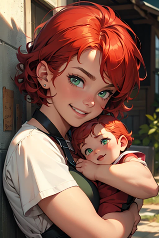naughty girl, baby face, redhead, green eyes, curly hair, short hair, Mischievous smile, very cute