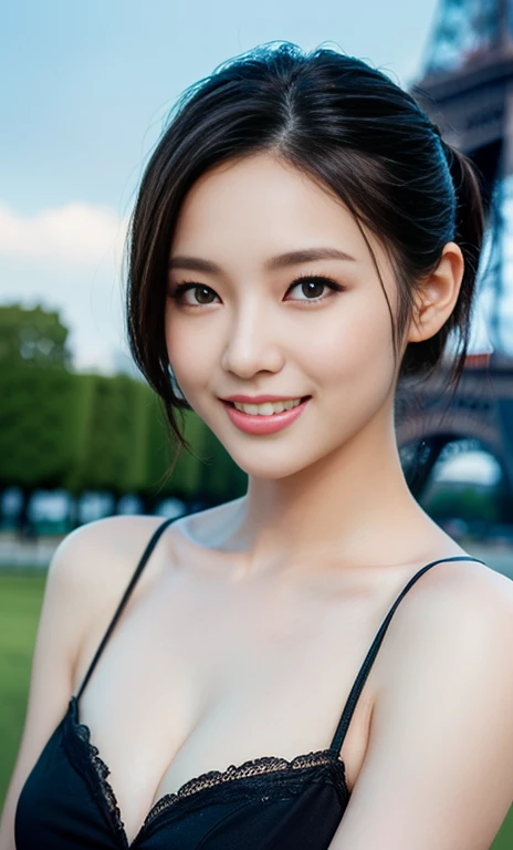 (a gorgeous lady, age 20s, classic black dress that exudes timeless elegance, versatile and sophisticated, posing naturally under night sky, Eiffel tower in Paris France,
kind smile, dimpled cheeks, short ponytail, short bob hair, cute snaggleteeth, ample round bosom, perfect body anatomy, photorealistic, beautiful detailed eyes, hyper-realism, high contrast, ultra HD, realistic skin textures, top image quality, top-quality, super high resolution, fine details, serene ambience, very meticulously, high angle shot, medium shot, cowboy shot, bokeh background, lens flare, SFW)