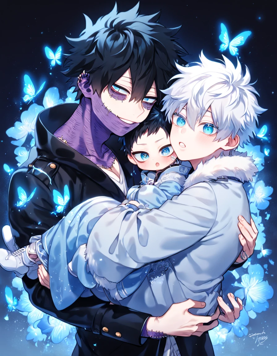 absurdres, highres, ultra detailed, HDR, master piece, best quality, extremely detailed face, delicated features, Dabi, black hair, expressive turquoise eyes, Boku No Hero Academia, Gojou Satoru carrying a baby, white hair, expressive blue eyes, white eyelashes, two sexy men together, handsome, yaoi, gay couple, family of three, light-blue coat with fur collar, black coat, fantasy, magical, blue fire butterflies, fire flowers, blue fire, blue flames, blue shining moon, blue flames in the background