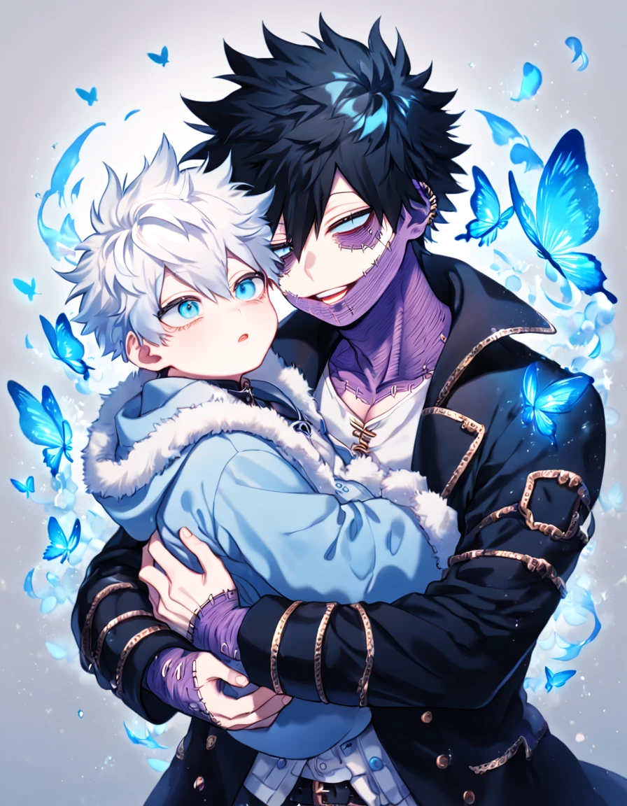 absurdres, highres, ultra detailed, HDR, master piece, best quality, extremely detailed face, delicated features, Dabi, black hair, expressive turquoise eyes, Boku No Hero Academia, Gojou Satoru carrying a baby, white hair, expressive blue eyes, white eyelashes, two sexy men together, handsome, yaoi, gay couple, family of three, light-blue coat with fur collar, black coat, fantasy, magical, blue fire butterflies, fire flowers, blue fire, blue flames, blue shining moon, blue flames in the background
