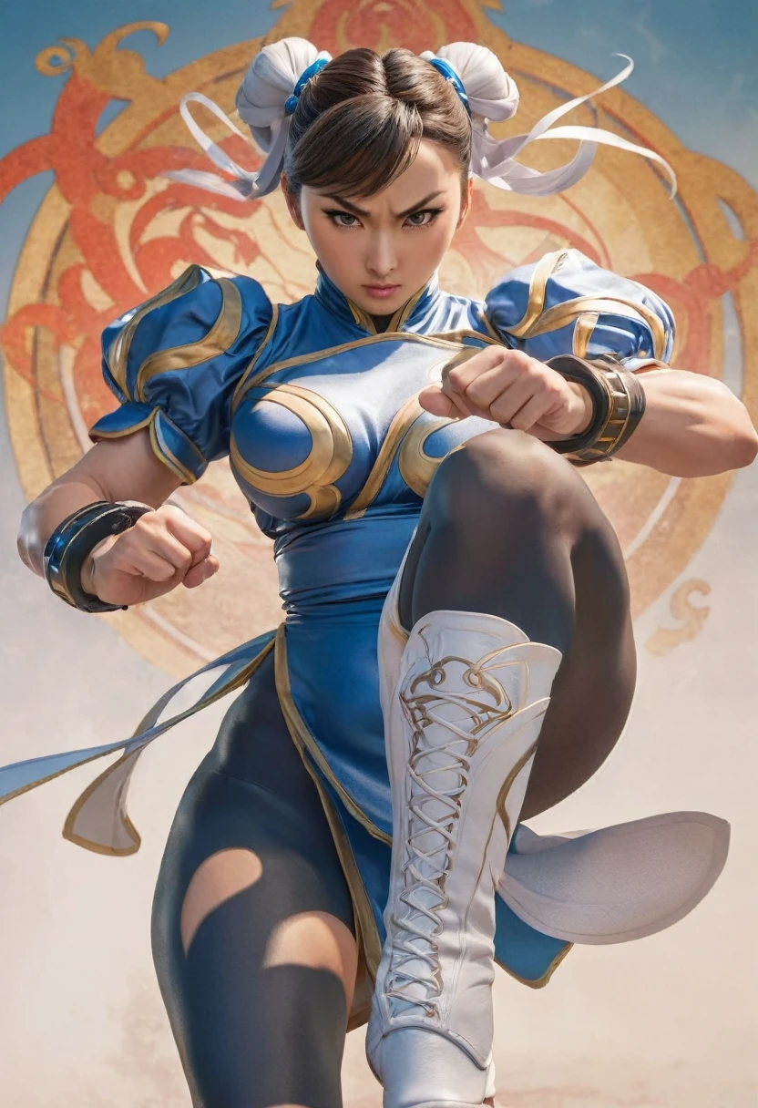 Arafe woman chun-li solo with ponytail haighting Game Fightetness Model、Big breasts about to burst、No exposed skin、thin and long legs,、Fitness Body Shape、Pose ready to fight、battle look, close up