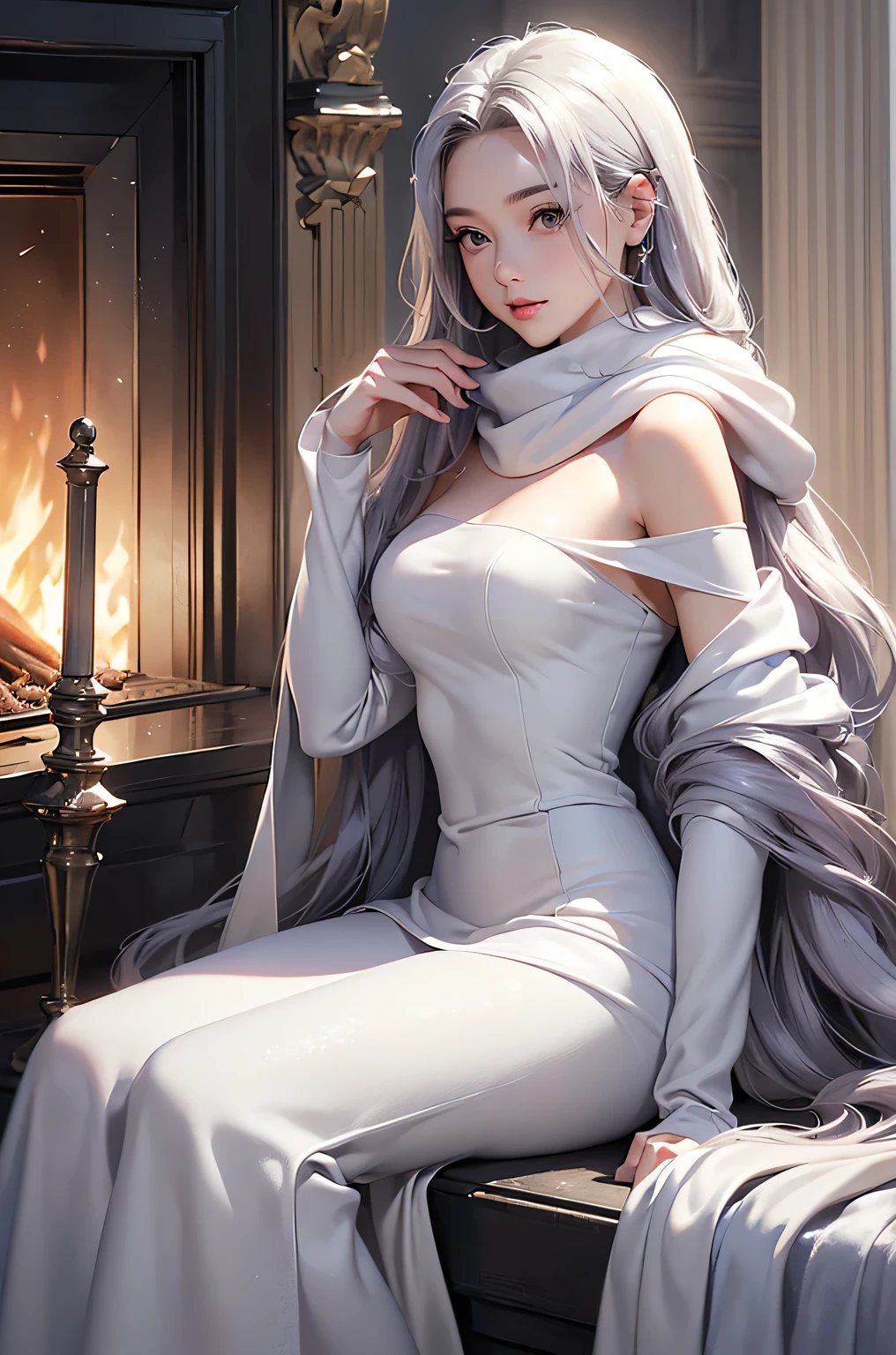 ((masterpiece:1.5、8k、Portraiture、Photorealistic and very detailed CG、Very detailed、Particle Effects、Dynamic Effects、Shallow depth of field、Cinematic Light、Lens flare、Ray Tracing、Tabletop、Realistic:1.4、Ultra-high resolution:1.2、Realistic、Realistic))((alone、,A woman wearing a cashmere coat over an off-the-shoulder dress:1.4、wear a long scarf、Elegant woman posing、Detailed face、brightexpression、young, bright, Whiter skin、Ample breasts、Best Looks、Ultimate beauty、Shiny silver hair with highlights、bright and shiny hair,、Super long, Silky straight hair、Hair dancing in the wind))(morning、indoors, winter, fireplace、Sitting)
